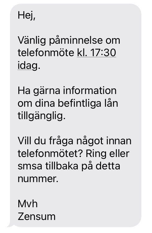 Zensum SMS exempel