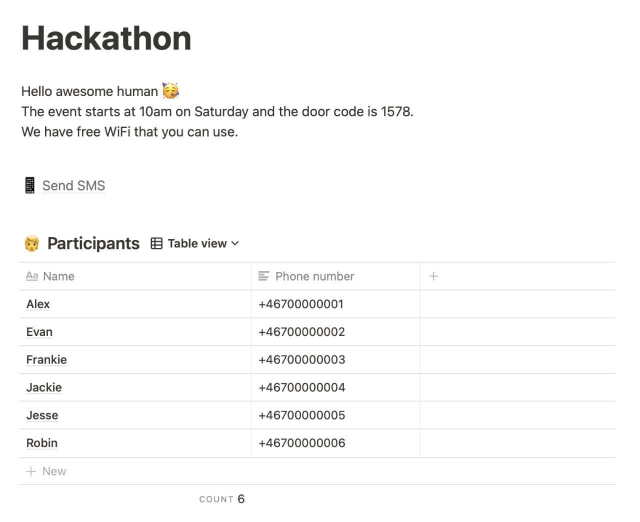 A page in Notion with a headline, a paragraf, a link and a database list of participant.